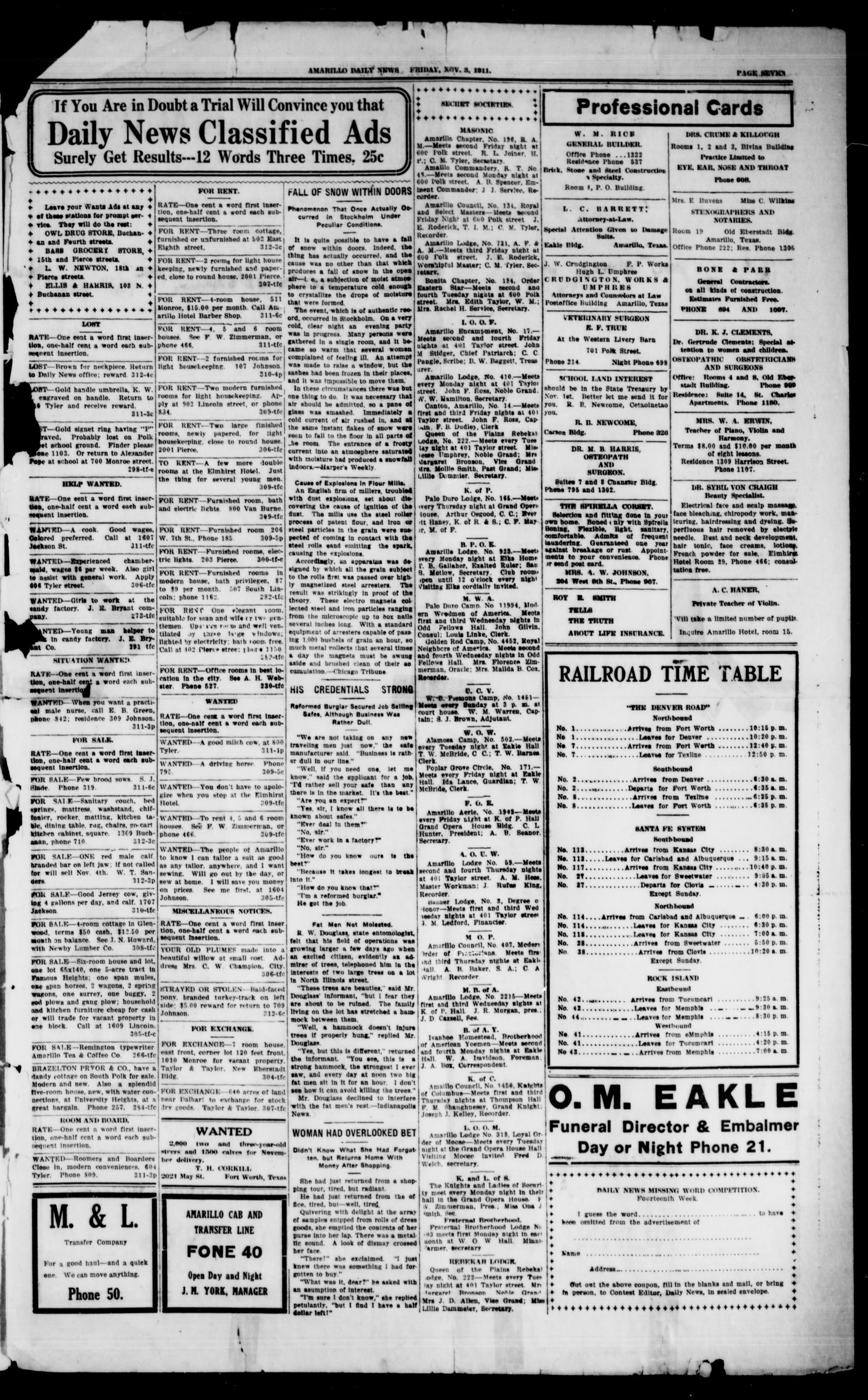 Amarillo Daily News (Amarillo, Tex.), Vol. 2, No. 313, Ed. 1 Friday, November 3, 1911
                                                
                                                    [Sequence #]: 7 of 8
                                                