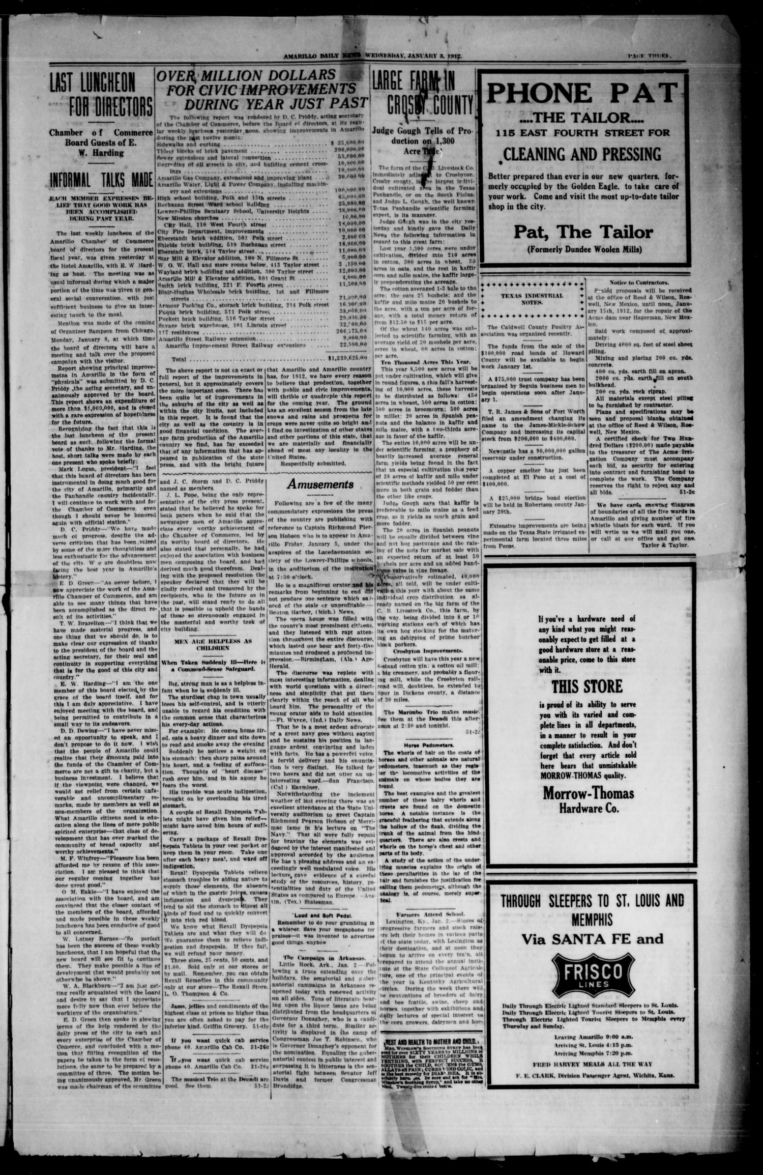 Amarillo Daily News (Amarillo, Tex.), Vol. 3, No. 52, Ed. 1 Wednesday, January 3, 1912
                                                
                                                    [Sequence #]: 3 of 8
                                                