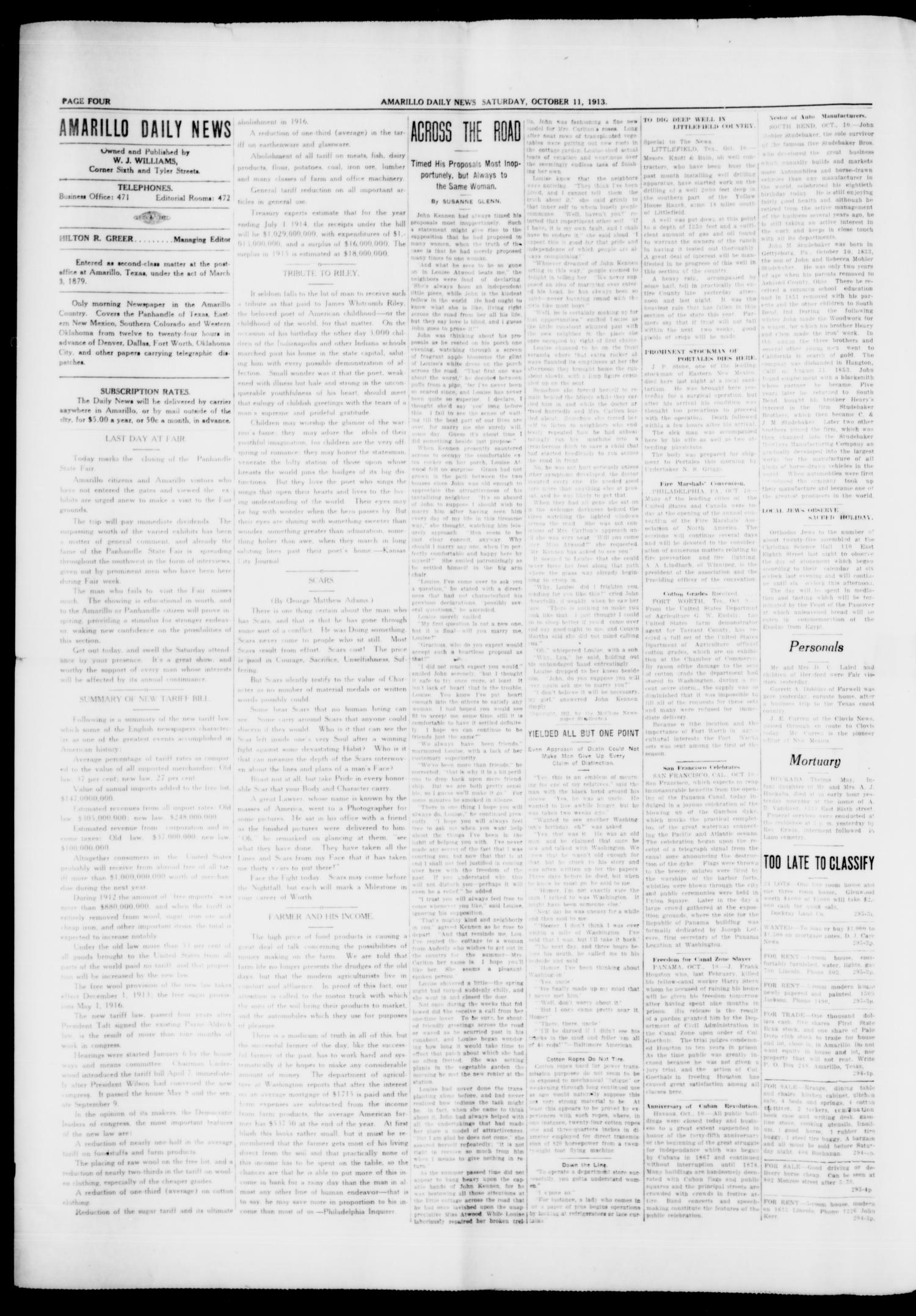 Amarillo Daily News (Amarillo, Tex.), Vol. 4, No. 294, Ed. 1 Saturday, October 11, 1913
                                                
                                                    [Sequence #]: 4 of 8
                                                