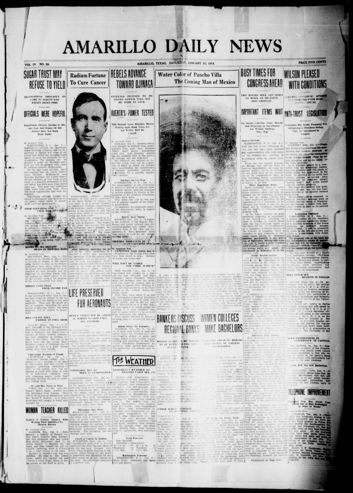 Amarillo Daily News (Amarillo, Tex.), Vol. 4, No. 59, Ed. 1 Saturday, January 10, 1914
                                                
                                                    [Sequence #]: 1 of 8
                                                
