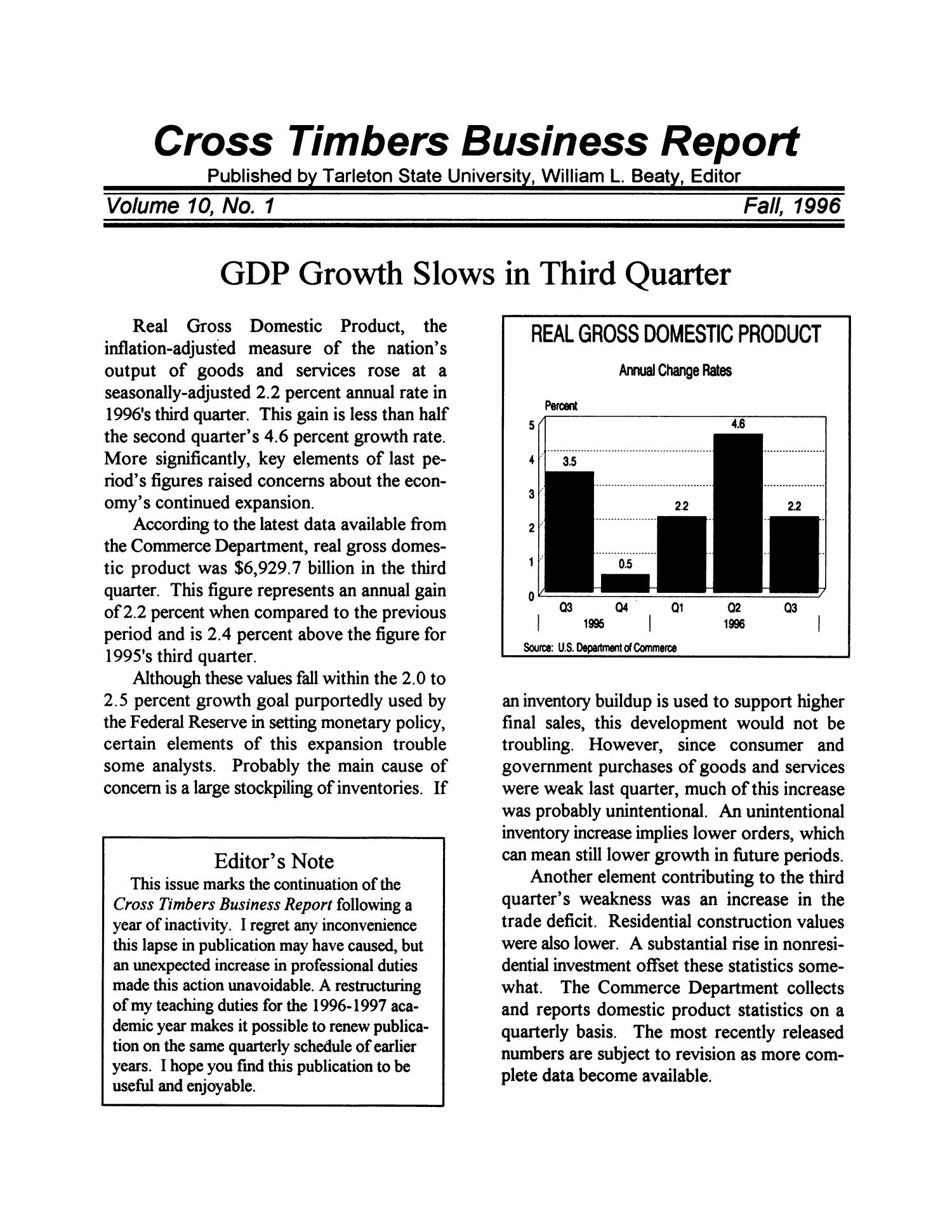 Cross Timbers Business Report, Volume 10, Number 1, Fall 1996
                                                
                                                    1
                                                