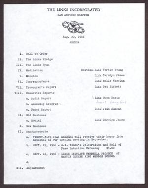 Primary view of object titled '[Agenda for the August 20, 1986 meeting of the San Antonio chapter of Links, Inc.]'.