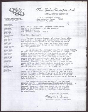 Primary view of object titled '[Letter from Margaret Winn to Ann H. Engelhart - November 7, 1985]'.