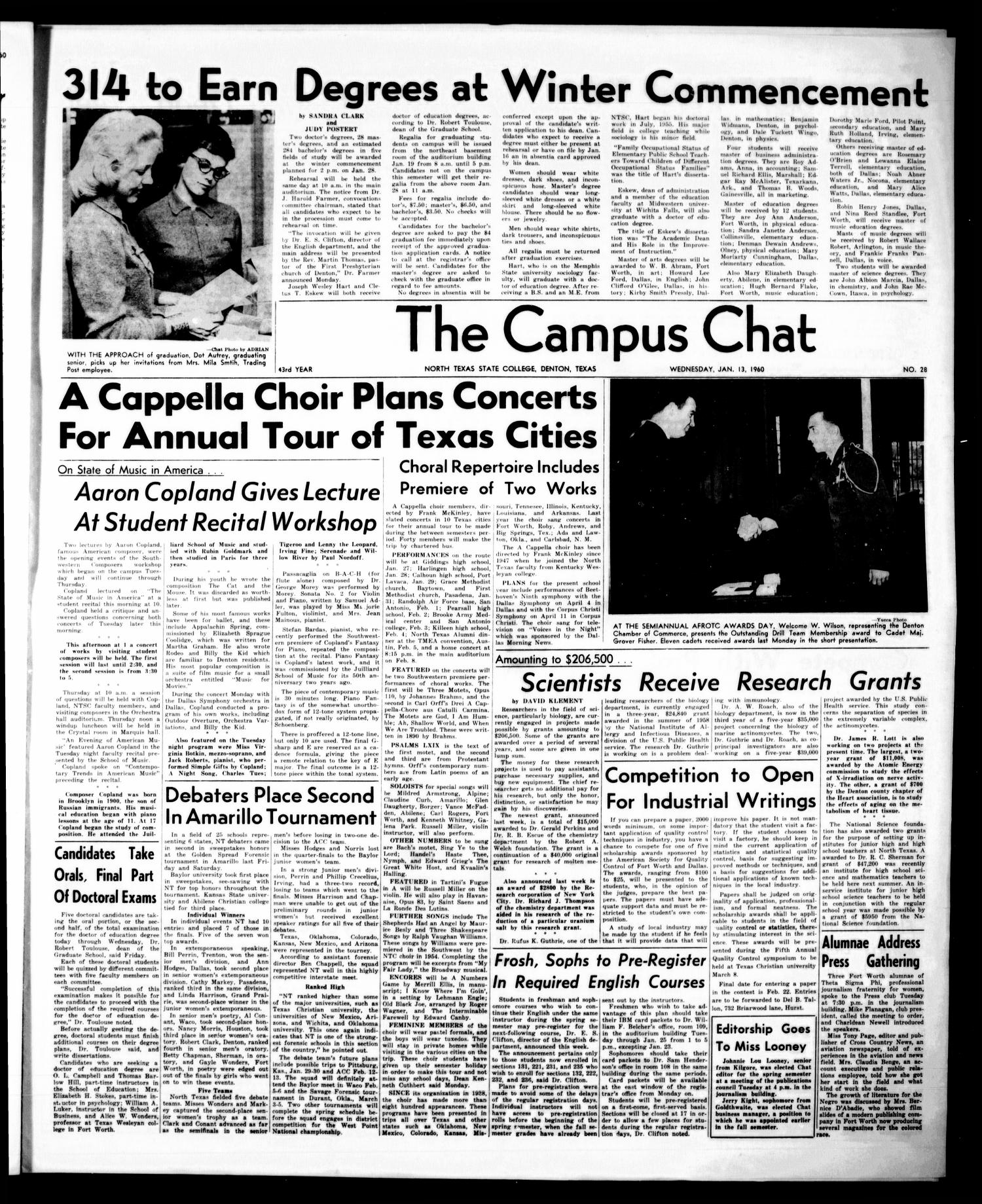 The Campus Chat (Denton, Tex.), Vol. 43, No. 28, Ed. 1 Wednesday, January 13, 1960
                                                
                                                    [Sequence #]: 1 of 4
                                                