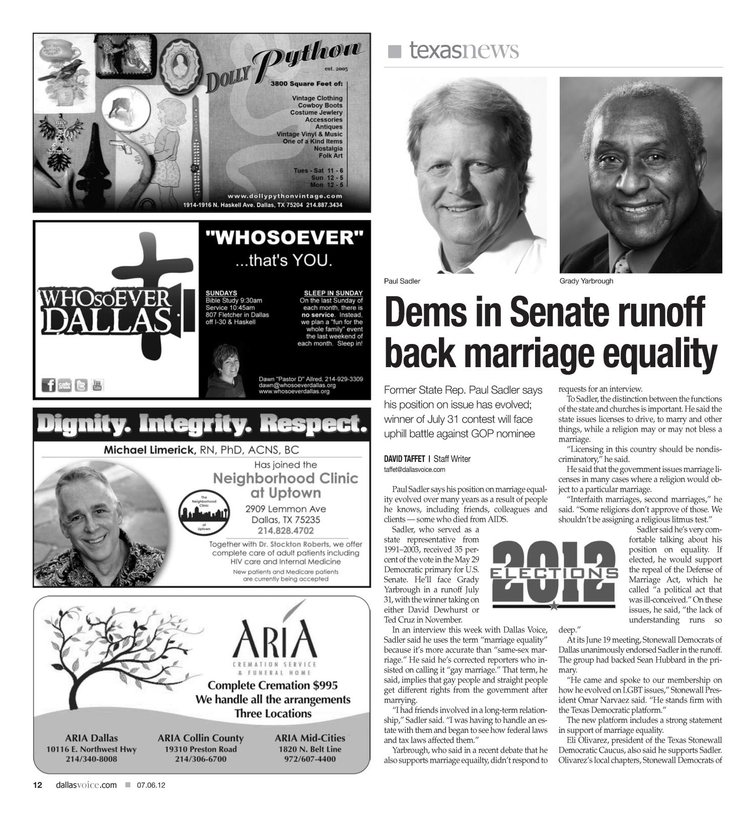 Dallas Voice (Dallas, Tex.), Vol. 29, No. 8, Ed. 1 Friday, July 6, 2012
                                                
                                                    [Sequence #]: 12 of 36
                                                