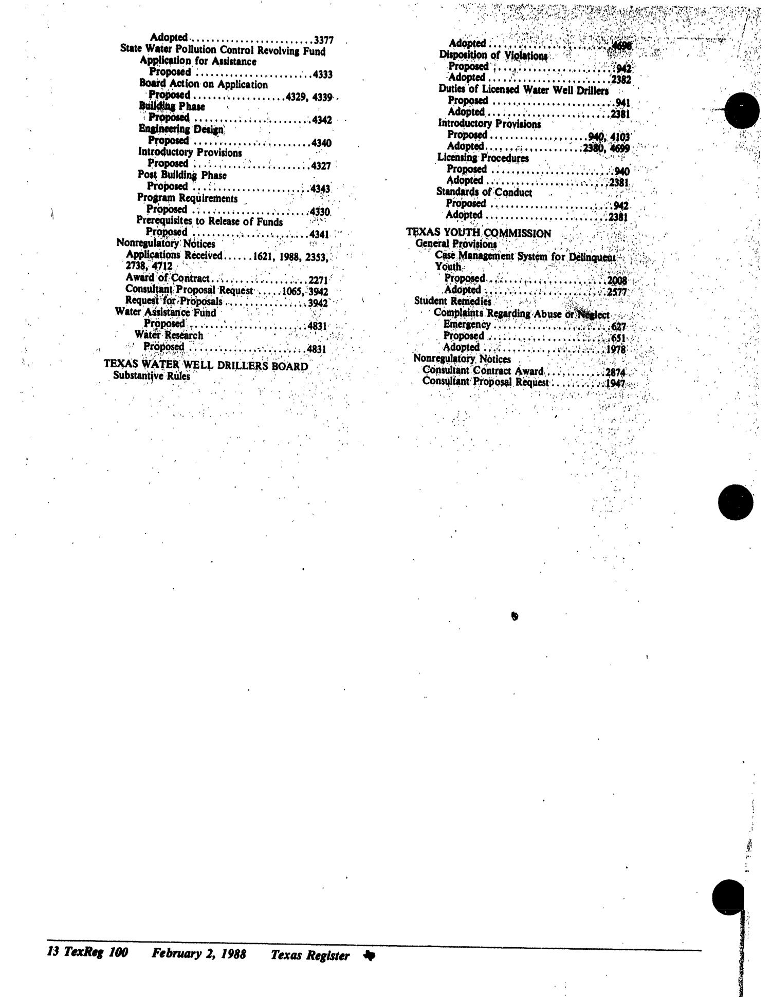 Texas Register: Annual Index January - December 1988, Volume 13 Numbers [1-96] - pages 225-350, February 3, 1989
                                                
                                                    100
                                                
