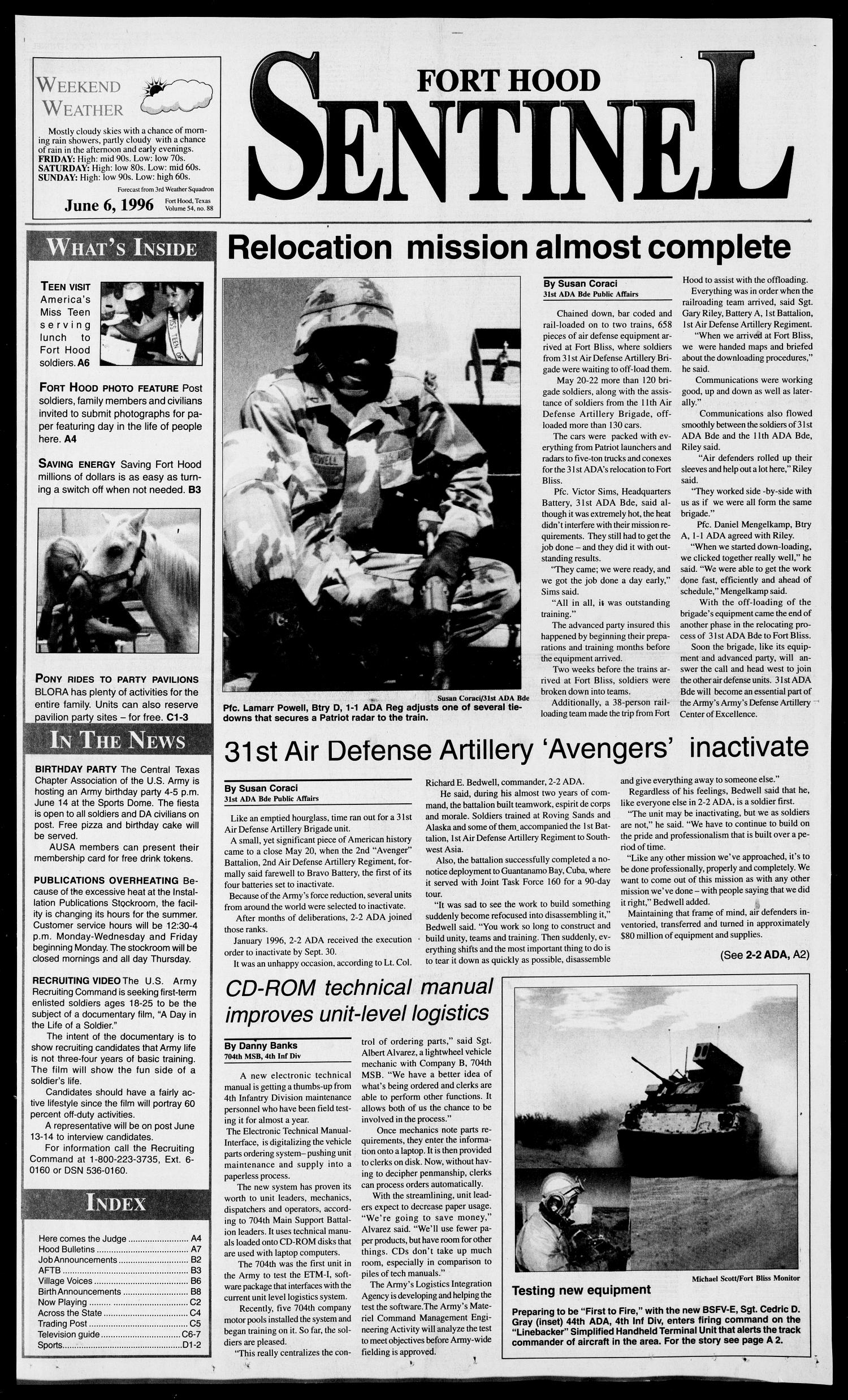 The Fort Hood Sentinel (Temple, Tex.), Vol. 54, No. 87, Ed. 1 Thursday, June 6, 1996
                                                
                                                    [Sequence #]: 1 of 38
                                                