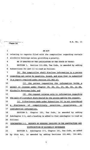 Primary view of object titled '82nd Texas Legislature, Regular Session, House BIll 11, Chapter 145'.