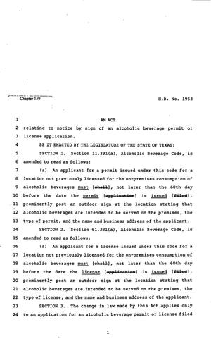 Primary view of object titled '82nd Texas Legislature, Regular Session, House Bill 1953, Chapter 159'.
