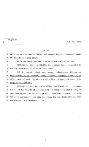 Primary view of object titled '82nd Texas Legislature, Regular Session, House Bill 2108, Chapter 304'.