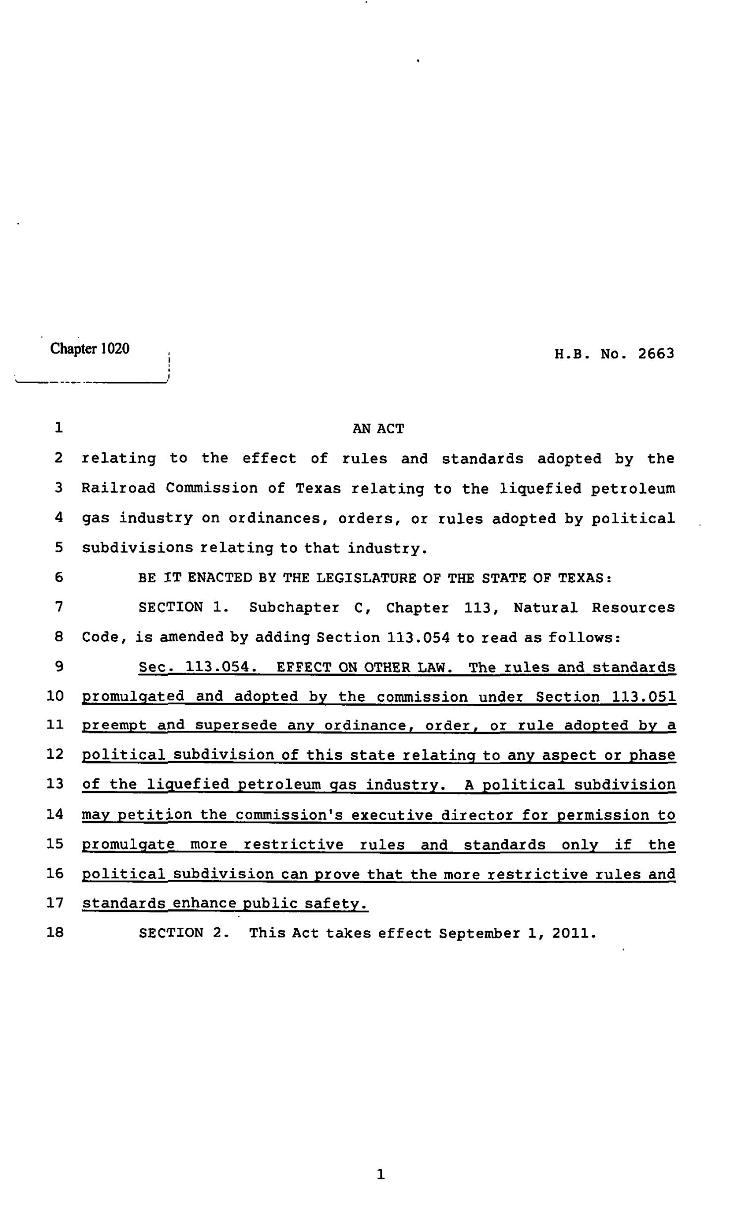 82nd Texas Legislature, Regular Session, House Bill 2663, Chapter 1020
                                                
                                                    [Sequence #]: 1 of 2
                                                