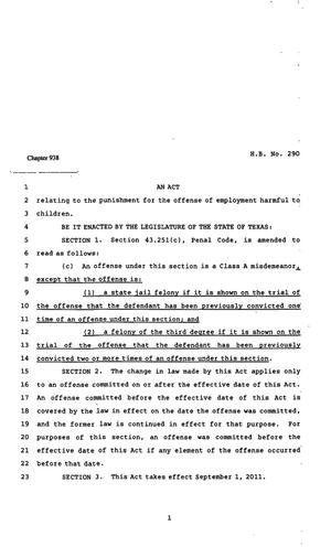Primary view of object titled '82nd Texas Legislature, Regular Session, House Bill 290, Chapter 938'.