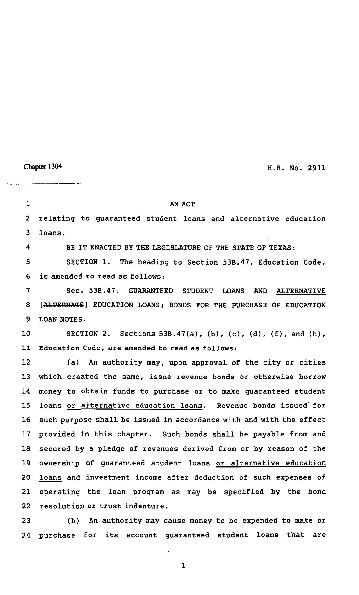 82nd Texas Legislature, Regular Session, House Bill 2911, Chapter 1304
                                                
                                                    [Sequence #]: 1 of 7
                                                