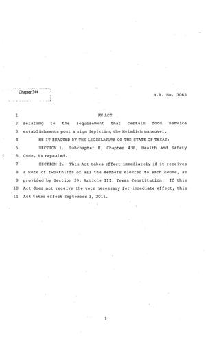 Primary view of object titled '82nd Texas Legislature, Regular Session, House Bill 3065, Chapter 344'.