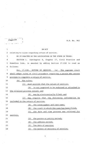 Primary view of object titled '82nd Texas Legislature, Regular Session, House Bill 962, Chapter 245'.
