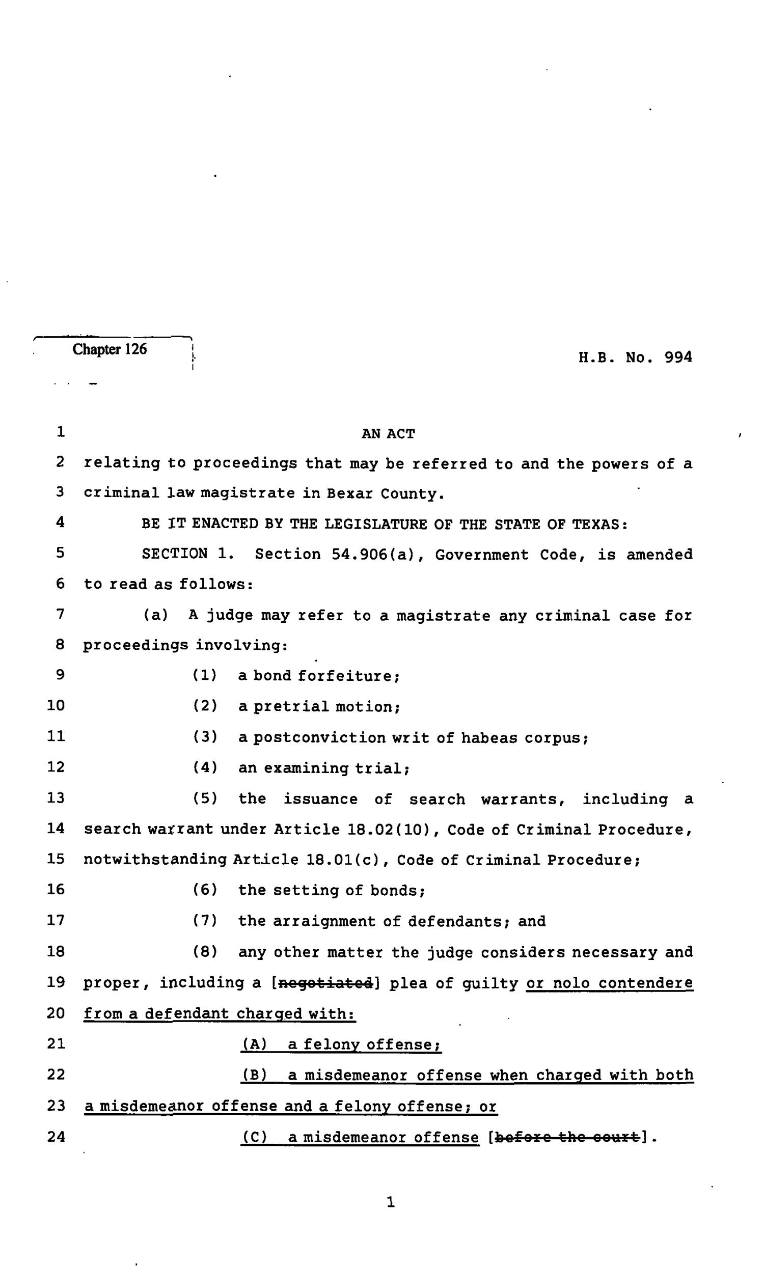 82nd Texas Legislature, Regular Session, House Bill 994, Chapter 126
                                                
                                                    [Sequence #]: 1 of 4
                                                