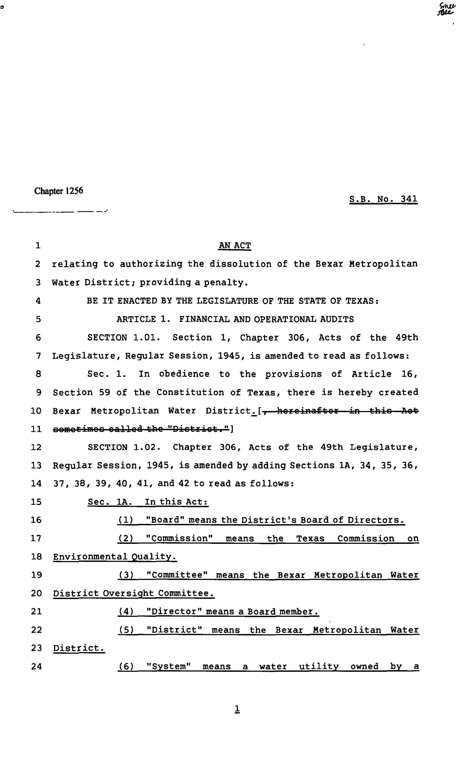82nd Texas Legislature, Regular Session, Senate Bill 341, Chapter 1256
                                                
                                                    [Sequence #]: 1 of 32
                                                
