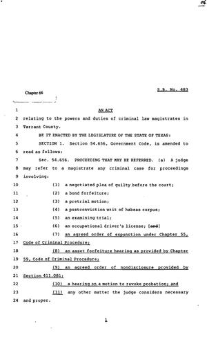 Primary view of object titled '82nd Texas Legislature, Regular Session, Senate Bill 483, Chapter 66'.
