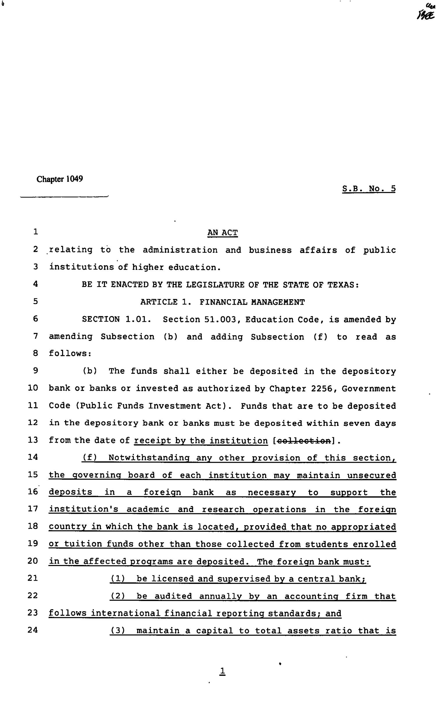 82nd Texas Legislature, Regular Session, Senate Bill 5, Chapter 1049
                                                
                                                    [Sequence #]: 1 of 38
                                                