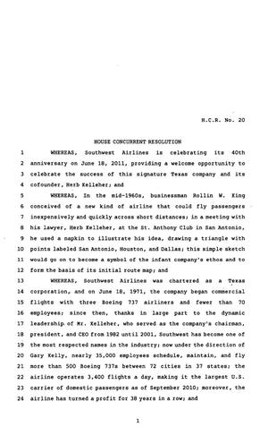 Primary view of object titled '82nd Texas Legislature, First Called Session, House Concurrent Resolution 20'.