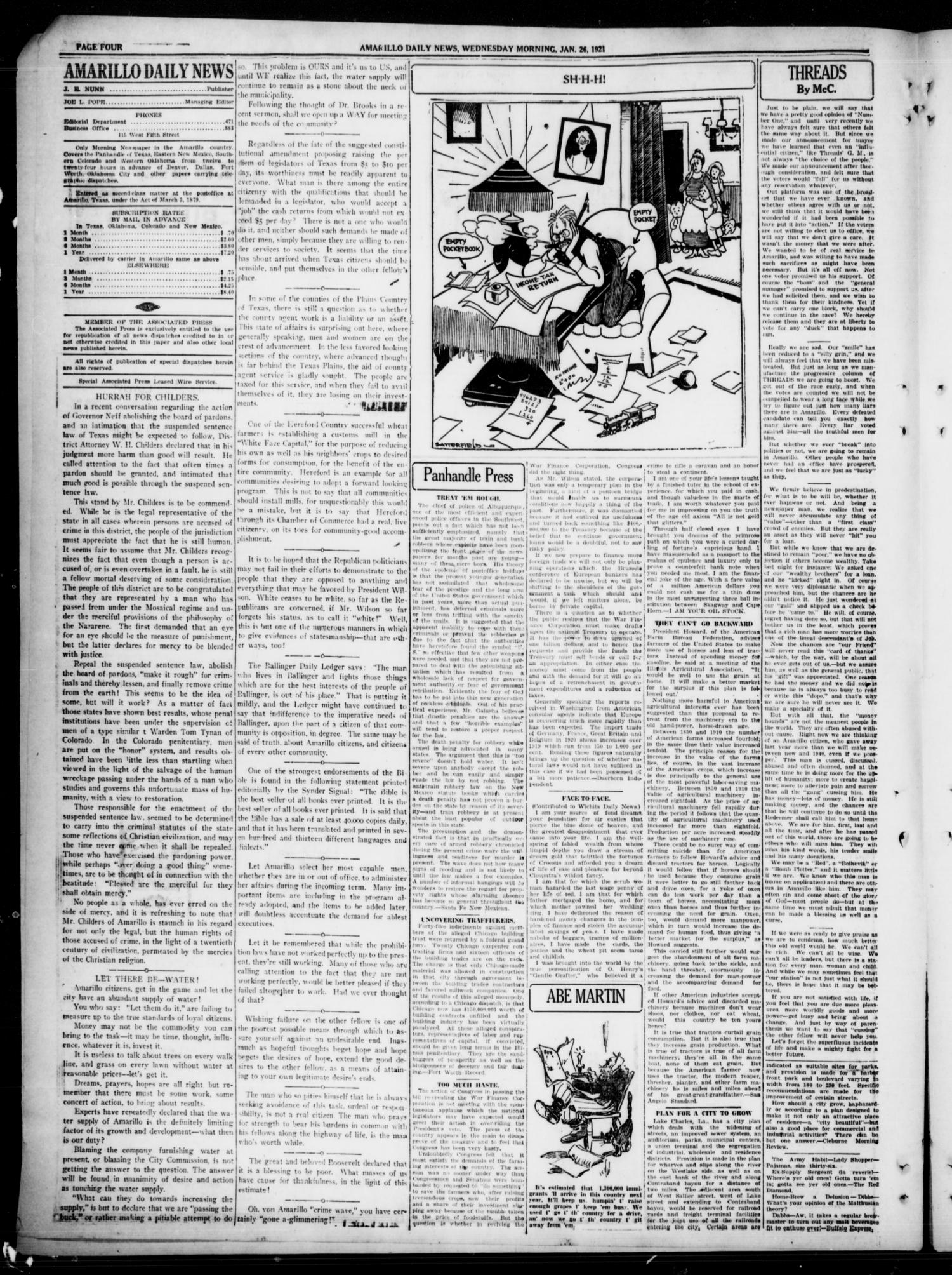 Amarillo Daily News (Amarillo, Tex.), Vol. 12, No. 19, Ed. 1 Wednesday, January 26, 1921
                                                
                                                    [Sequence #]: 4 of 8
                                                