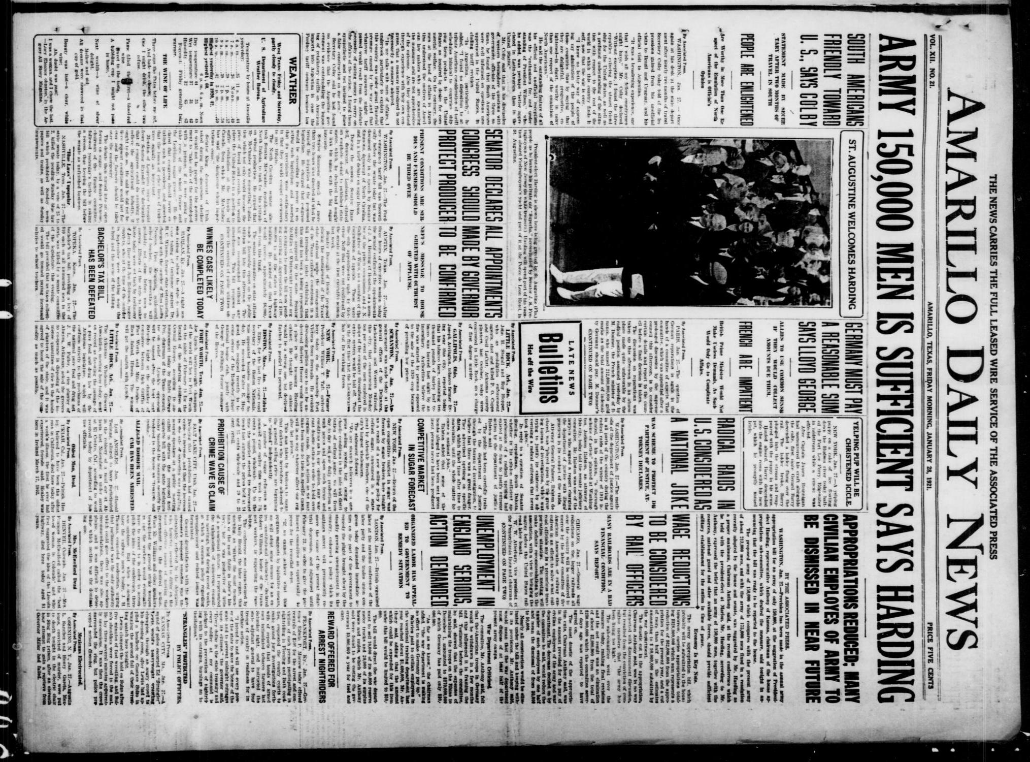Amarillo Daily News (Amarillo, Tex.), Vol. 12, No. 21, Ed. 1 Friday, January 28, 1921
                                                
                                                    [Sequence #]: 1 of 8
                                                