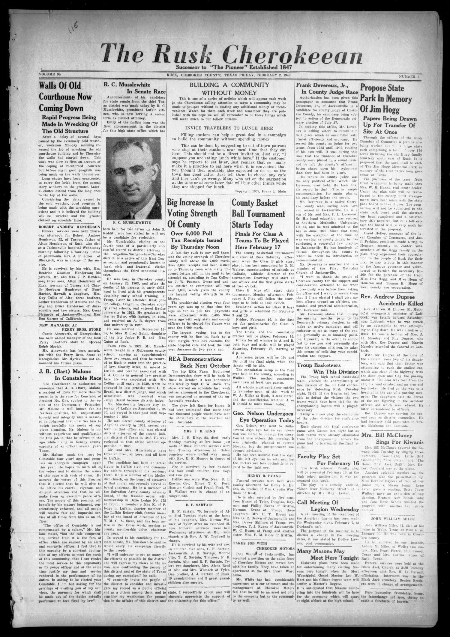 The Rusk Cherokeean (Rusk, Tex.), Vol. 94, No. 1, Ed. 1 Friday, February 2, 1940
                                                
                                                    [Sequence #]: 1 of 4
                                                