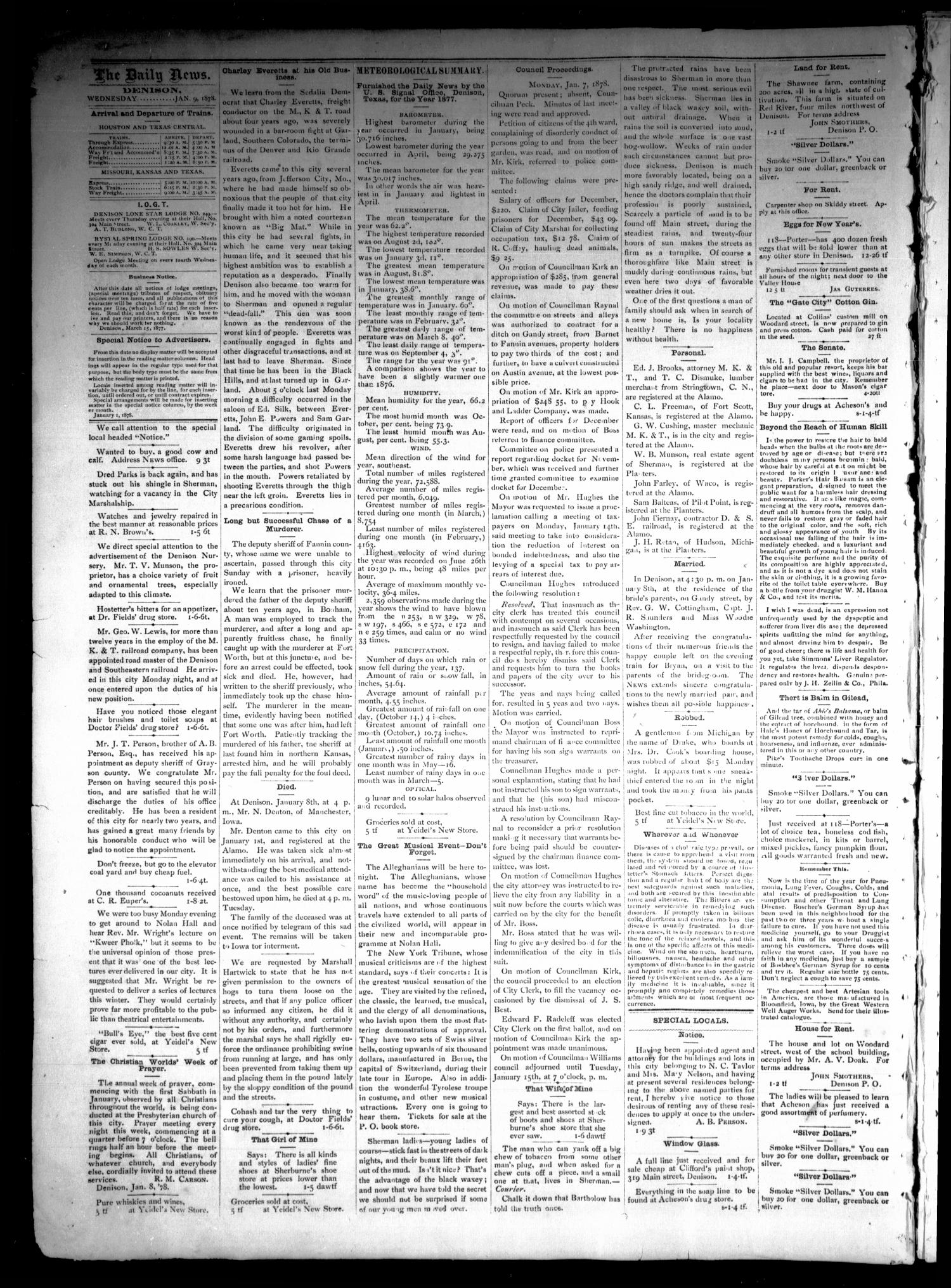 Denison Daily News. (Denison, Tex.), Vol. 5, No. 266, Ed. 1 Wednesday, January 9, 1878
                                                
                                                    [Sequence #]: 4 of 4
                                                
