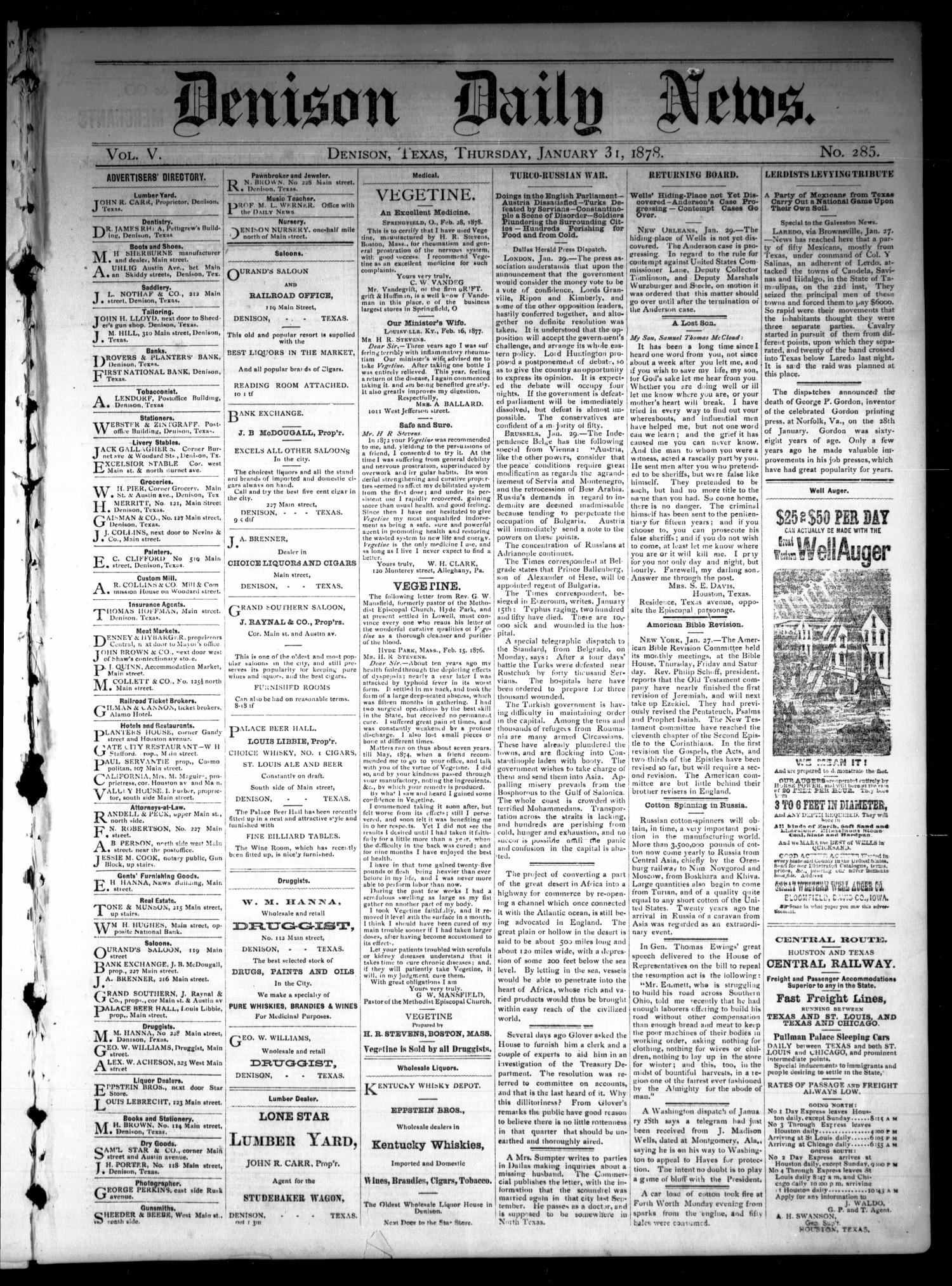 Denison Daily News. (Denison, Tex.), Vol. 5, No. 285, Ed. 1 Thursday, January 31, 1878
                                                
                                                    [Sequence #]: 1 of 4
                                                