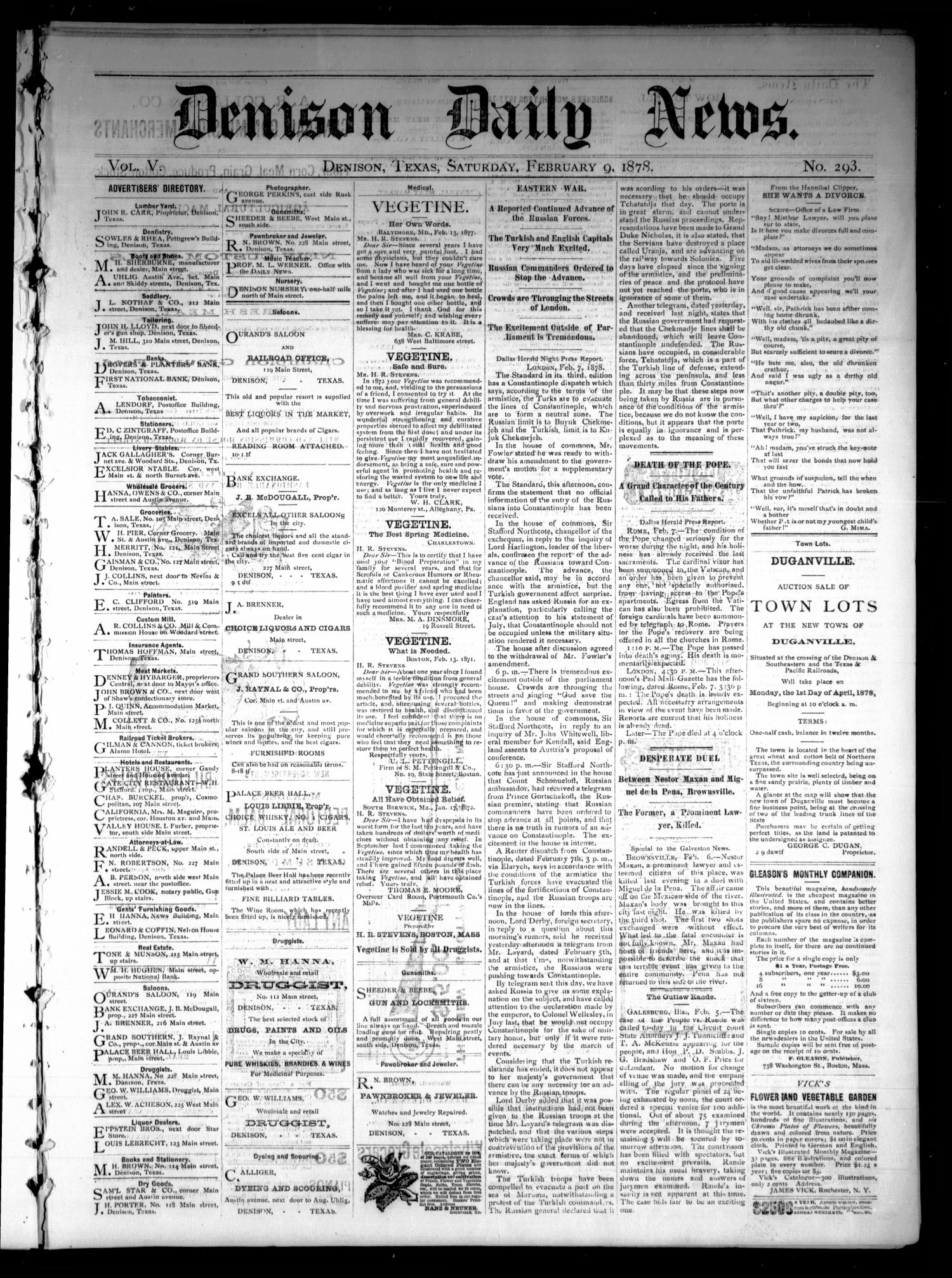 Denison Daily News. (Denison, Tex.), Vol. 5, No. 293, Ed. 1 Saturday, February 9, 1878
                                                
                                                    [Sequence #]: 1 of 4
                                                