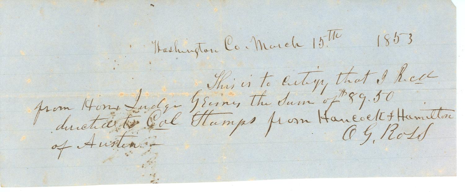 [Receipt from O.G. Ross to Jesse Grimes, 1853]
                                                
                                                    [Sequence #]: 1 of 1
                                                