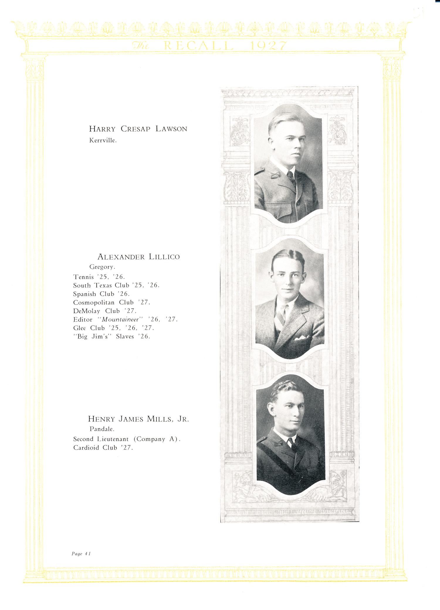 The Recall, Yearbook of Schreiner Institute, 1927
                                                
                                                    41
                                                