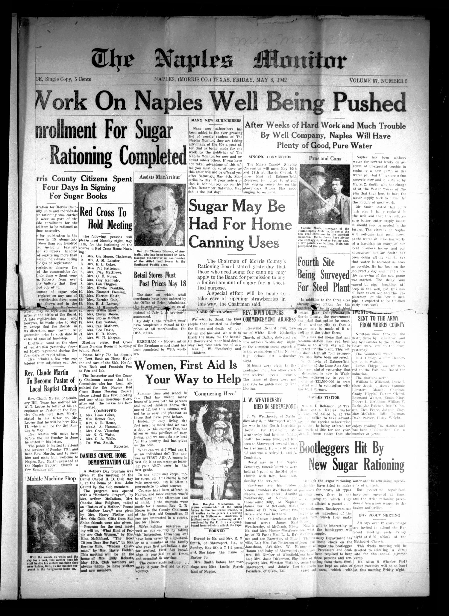 The Naples Monitor (Naples, Tex.), Vol. 57, No. 5, Ed. 1 Friday, May 8, 1942
                                                
                                                    [Sequence #]: 1 of 4
                                                