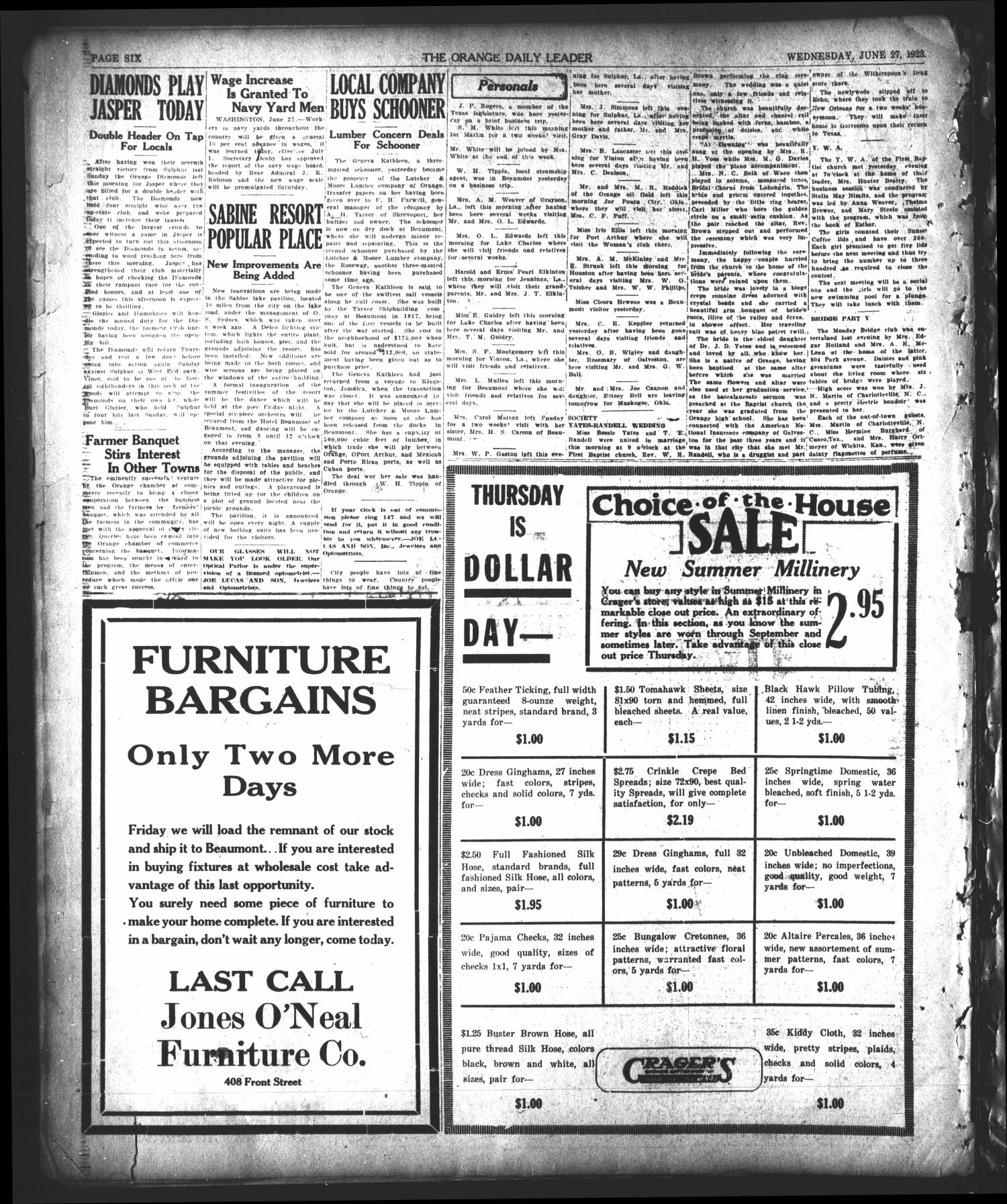 The Orange Daily Leader (Orange, Tex.), Vol. 9, No. 152, Ed. 1 Wednesday, June 27, 1923
                                                
                                                    [Sequence #]: 6 of 6
                                                