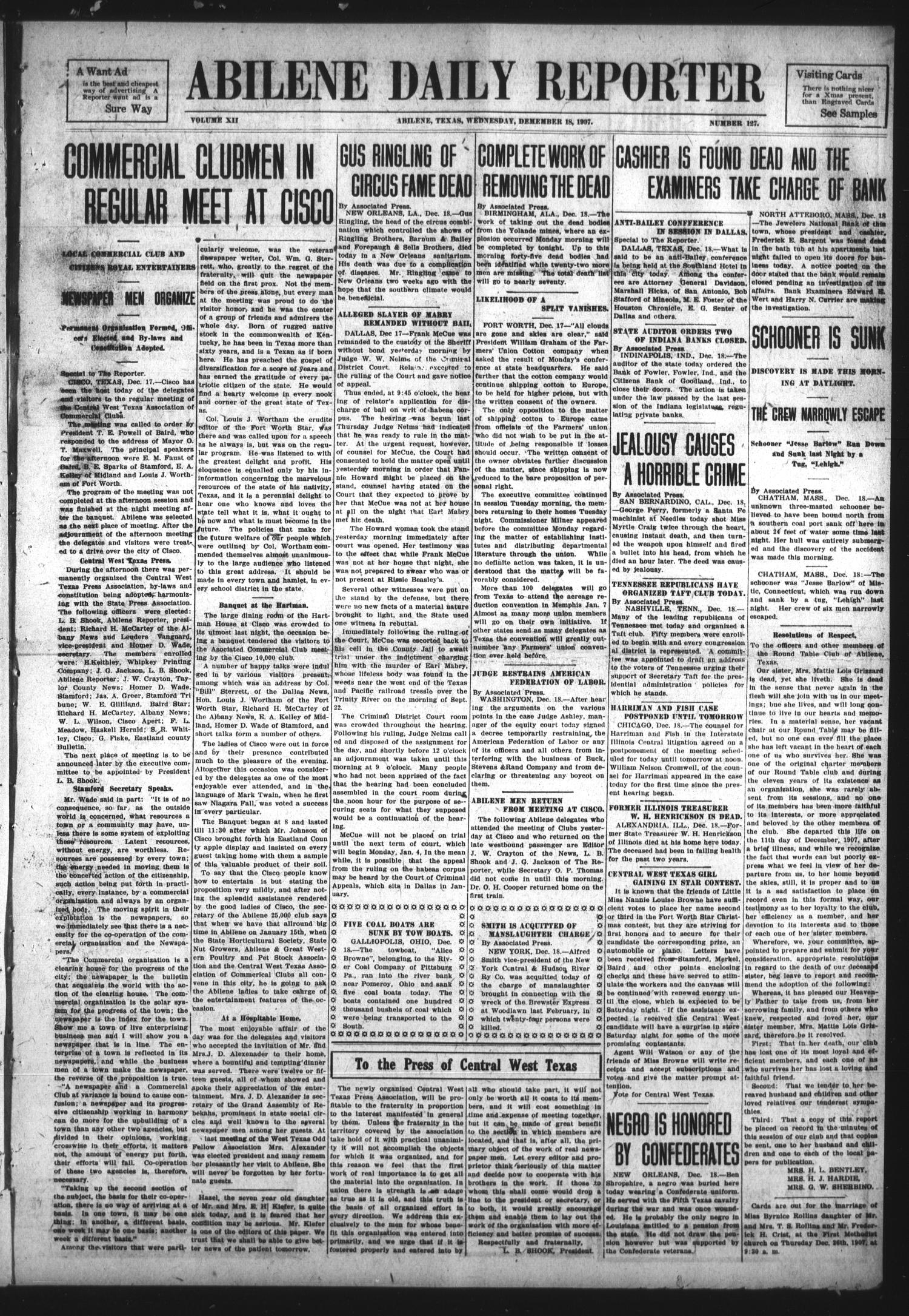 Abilene Daily Reporter (Abilene, Tex.), Vol. 12, No. 127, Ed. 1 Wednesday, December 18, 1907
                                                
                                                    [Sequence #]: 1 of 10
                                                