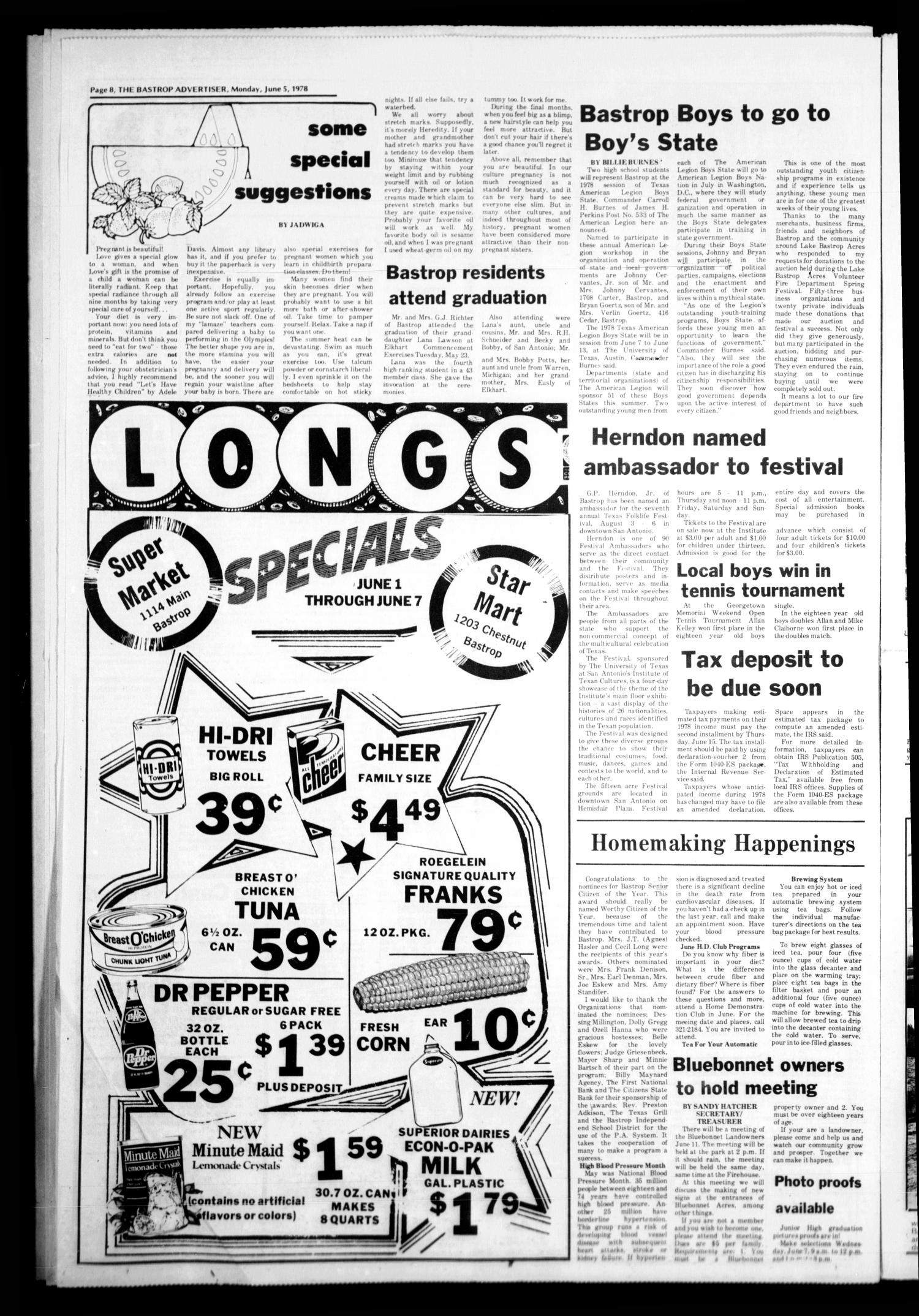 The Bastrop Advertiser (Bastrop, Tex.), Vol. [125], No. 28, Ed. 1 Monday, June 5, 1978
                                                
                                                    [Sequence #]: 8 of 8
                                                