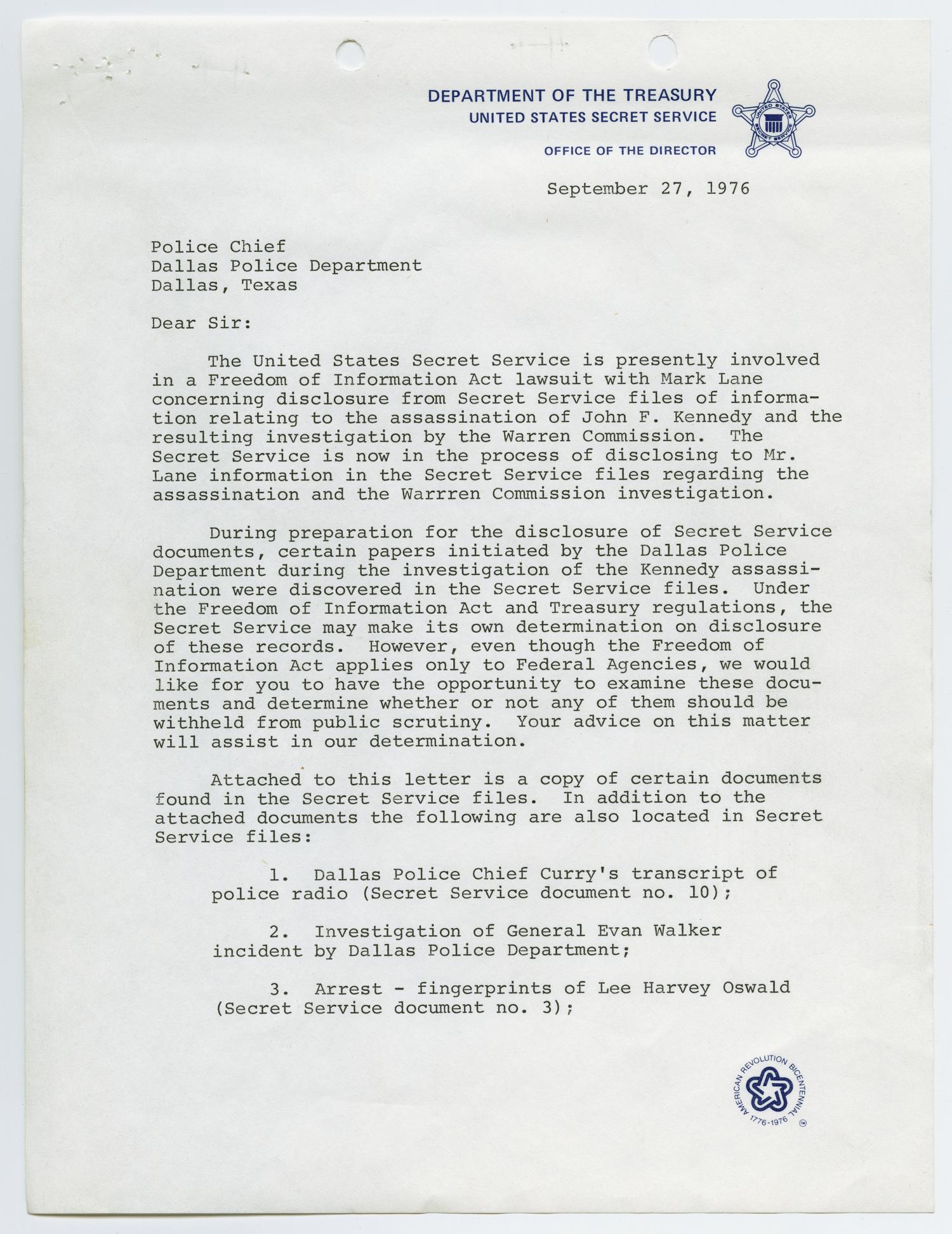 [Letter from David H. Martin to Police Chief - September 27, 1976]
                                                
                                                    [Sequence #]: 1 of 4
                                                