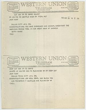 Primary view of object titled '[Telegrams to Jack Ruby from Betty Rahoe and Leo Feinstein, November 24, 1963 #1]'.