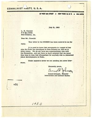 Primary view of object titled '[Letter from Arnold Johnson to Lee Harvey Oswald, July 31, 1963 #3]'.