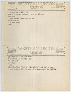 Primary view of object titled '[Telegrams to Jack Ruby from Leon Burcham and anonymous, November 24, 1963 #1]'.