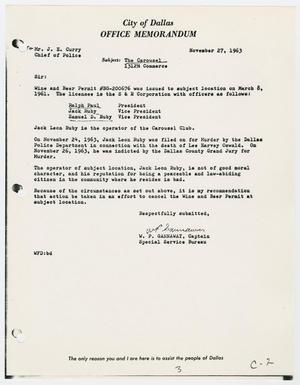 Primary view of object titled '[Memo to J. W. Fritz from W. P. Gannaway, November 27, 1963]'.
