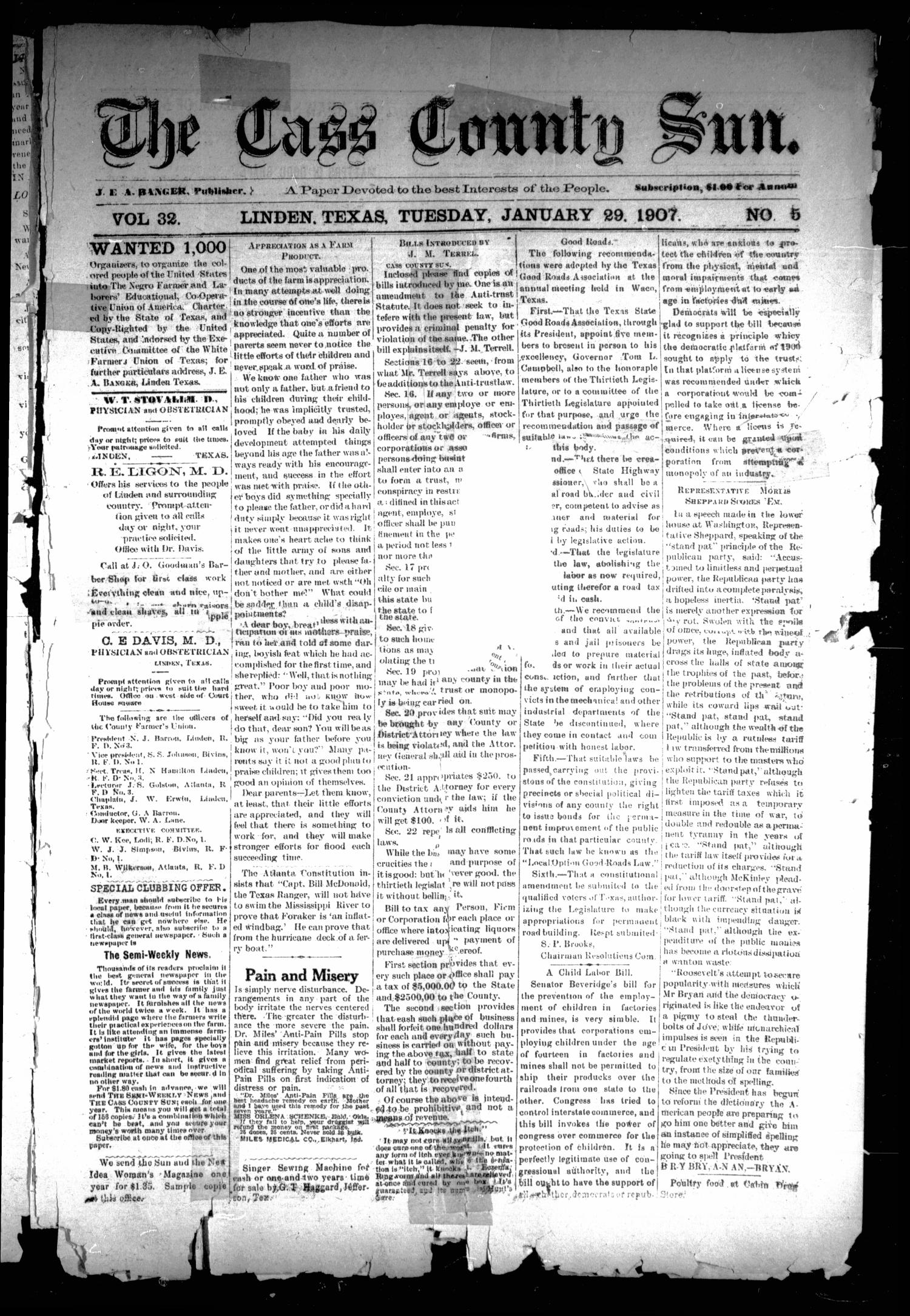 The Cass County Sun (Linden, Tex.), Vol. 32, No. 5, Ed. 1 Tuesday, January 29, 1907
                                                
                                                    [Sequence #]: 1 of 8
                                                