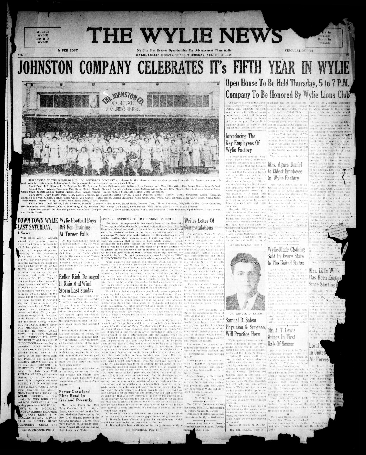 The Wylie News (Wylie, Tex.), Vol. 1, No. 23, Ed. 1 Thursday, August 19, 1948
                                                
                                                    [Sequence #]: 1 of 4
                                                