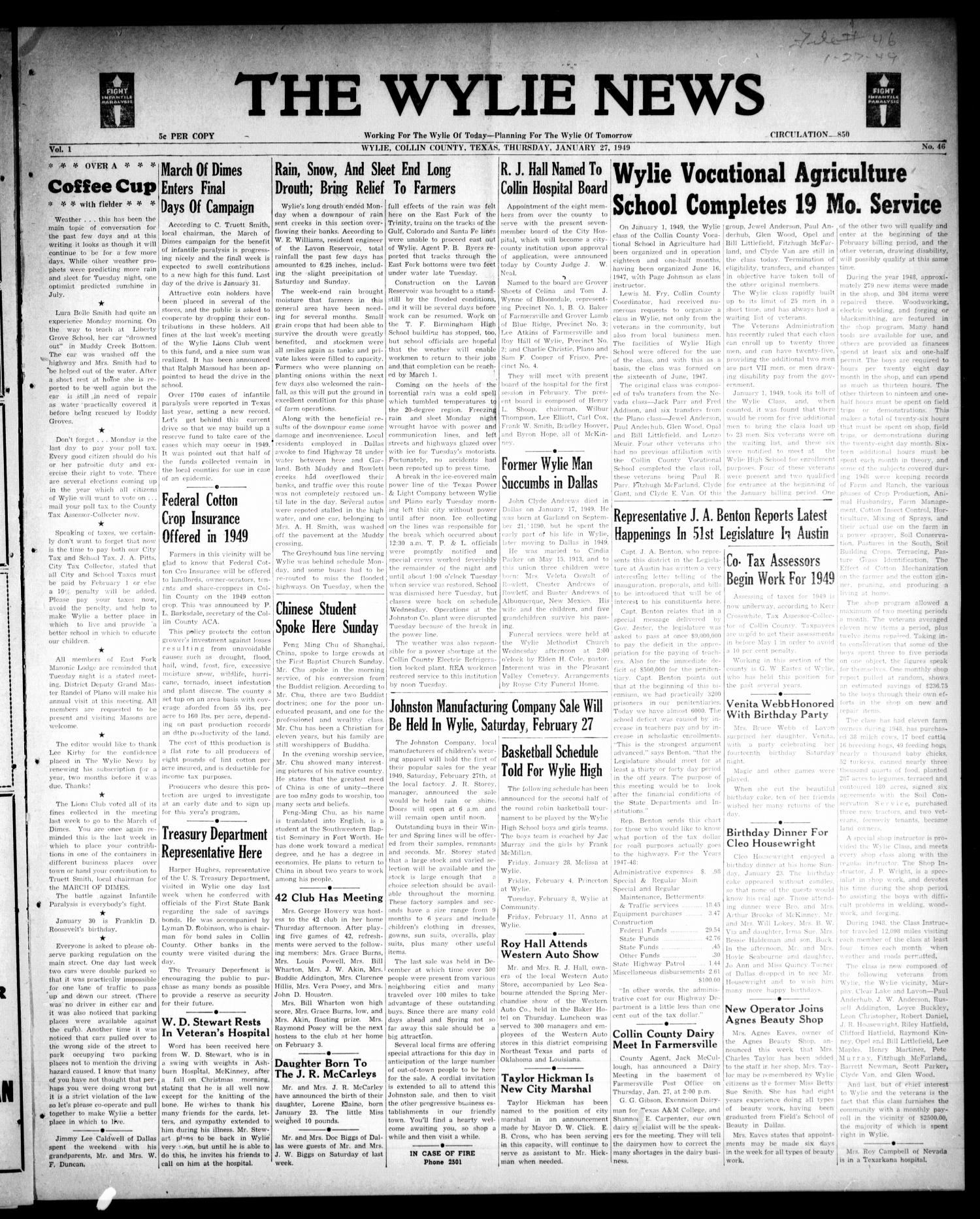 The Wylie News (Wylie, Tex.), Vol. 1, No. 46, Ed. 1 Thursday, January 27, 1949
                                                
                                                    [Sequence #]: 1 of 4
                                                