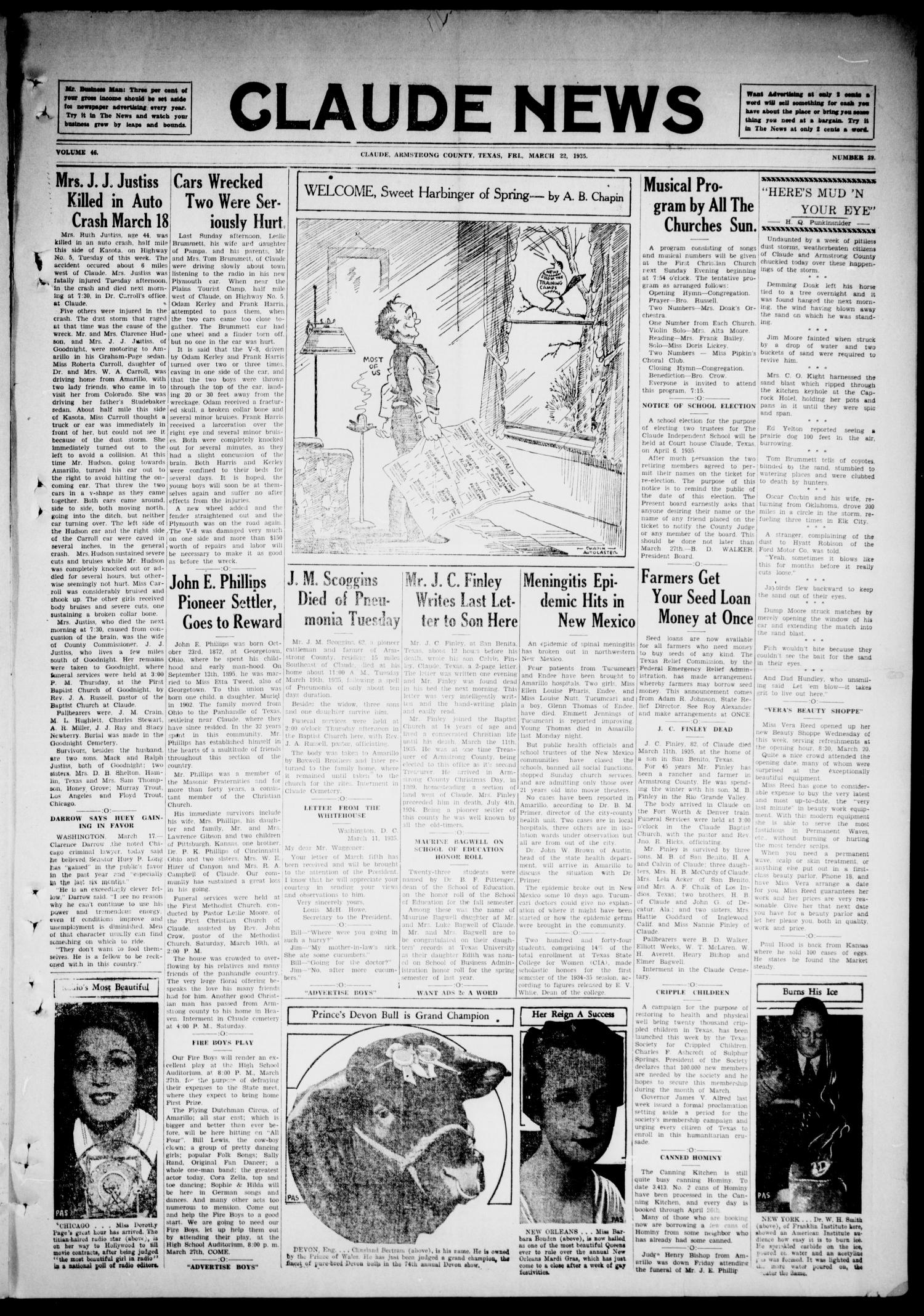 Claude News (Claude, Tex.), Vol. 46, No. 29, Ed. 1 Friday, March 22, 1935
                                                
                                                    [Sequence #]: 1 of 6
                                                