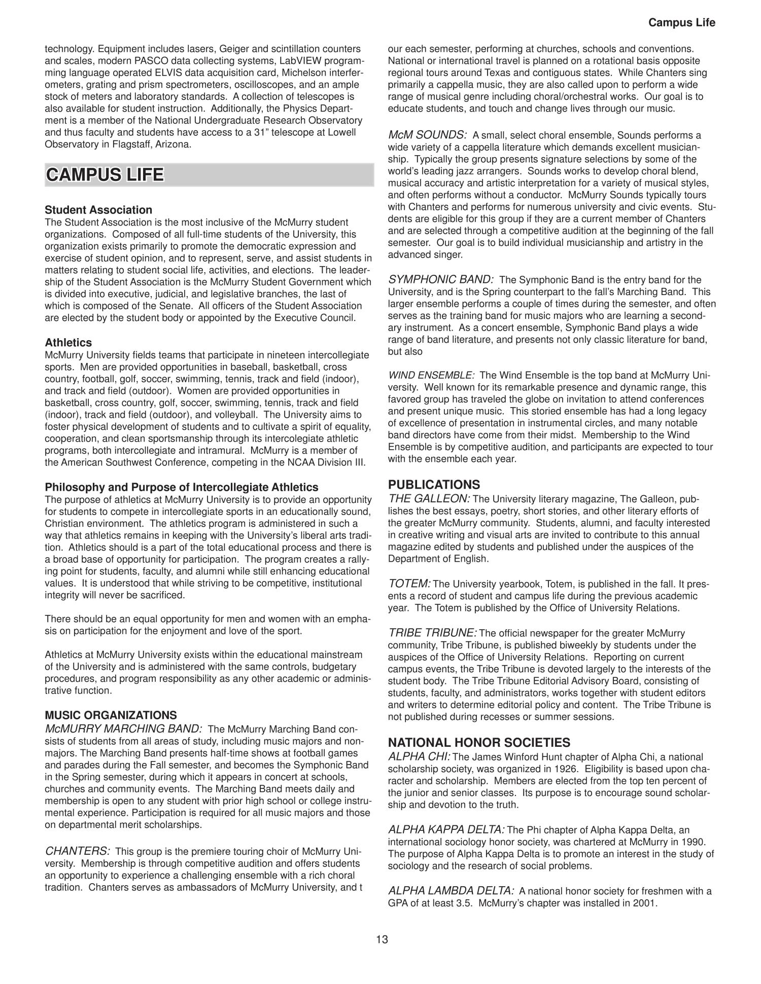 Bulletin of McMurry University, 2011-2012
                                                
                                                    13
                                                