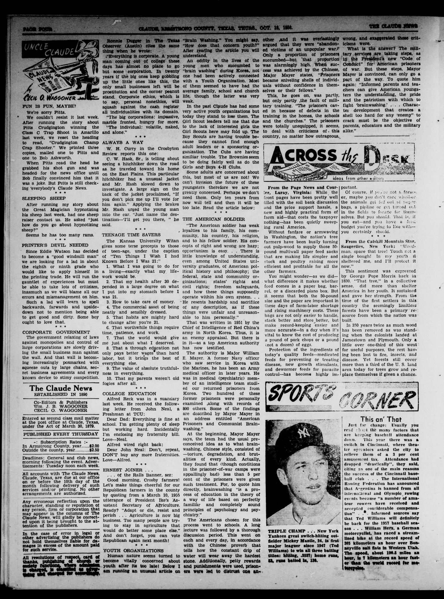 Claude News (Claude, Tex.), Vol. 67, No. 8, Ed. 1 Thursday, October 18, 1956
                                                
                                                    [Sequence #]: 4 of 16
                                                
