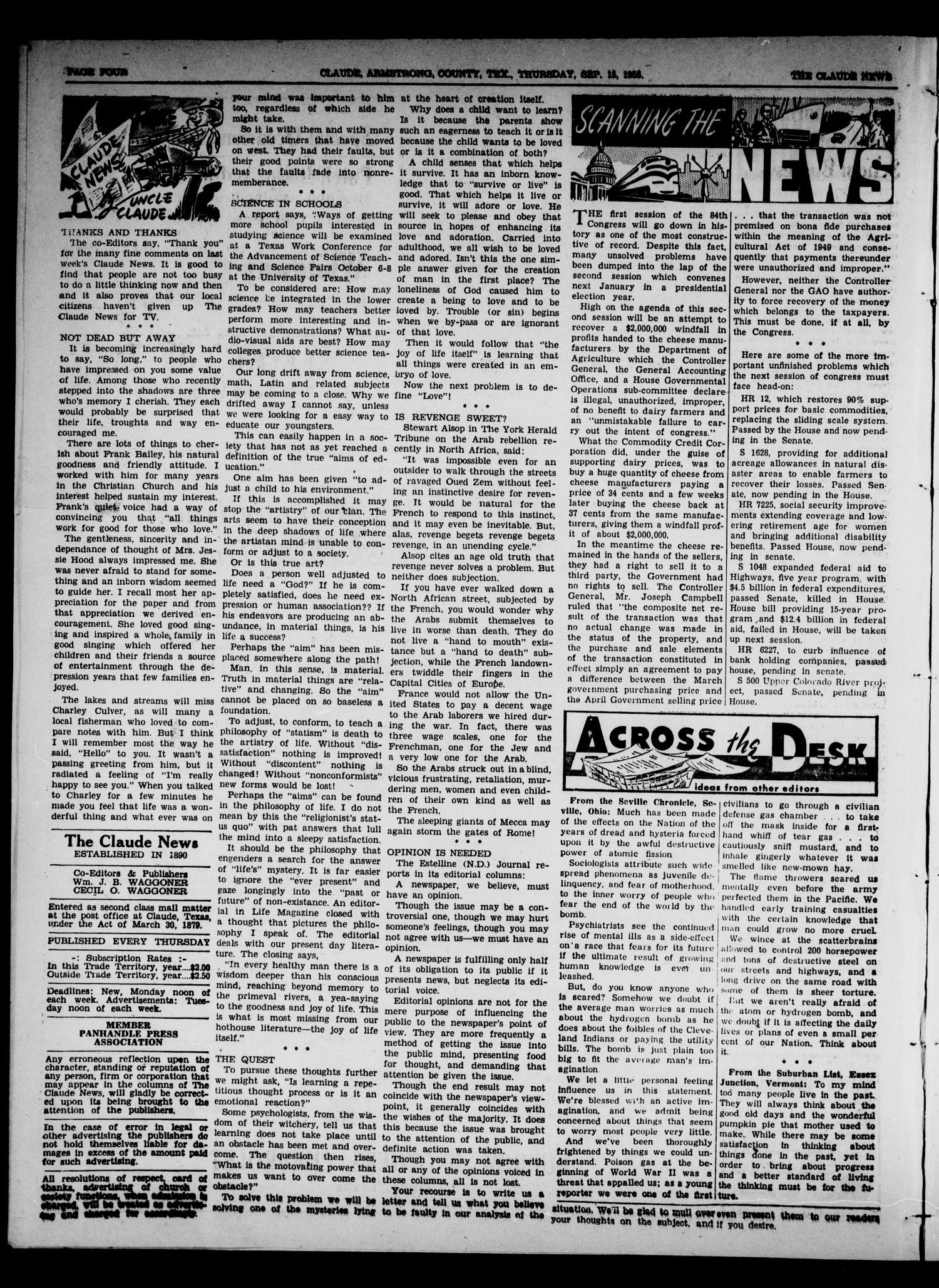 Claude News (Claude, Tex.), Vol. 66, No. 3, Ed. 1 Thursday, September 15, 1955
                                                
                                                    [Sequence #]: 4 of 16
                                                