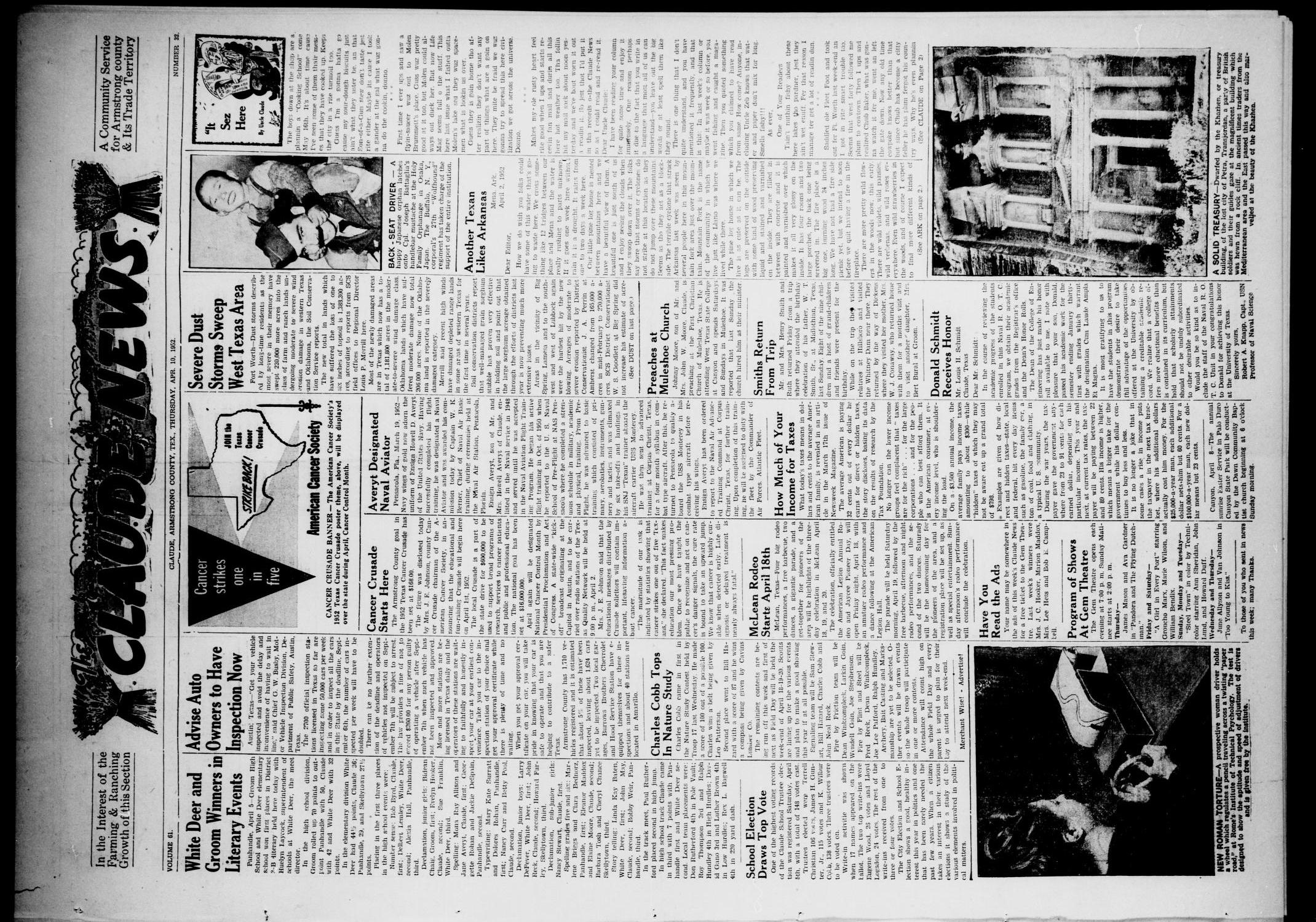 Claude News (Claude, Tex.), Vol. 61, No. 32, Ed. 1 Thursday, April 10, 1952
                                                
                                                    [Sequence #]: 1 of 6
                                                
