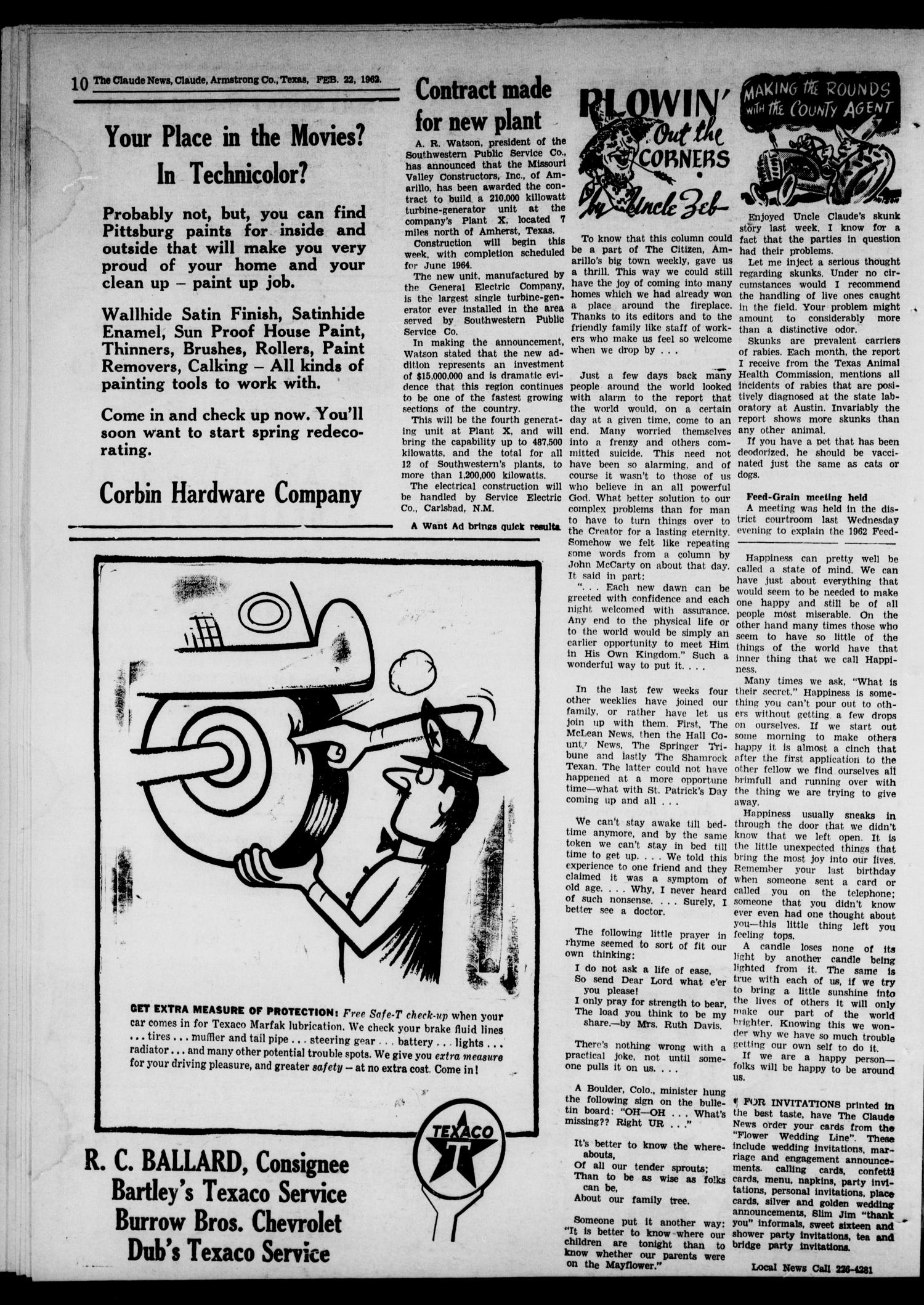 Claude News (Claude, Tex.), Vol. 72, No. 27, Ed. 1 Thursday, February 22, 1962
                                                
                                                    [Sequence #]: 10 of 16
                                                